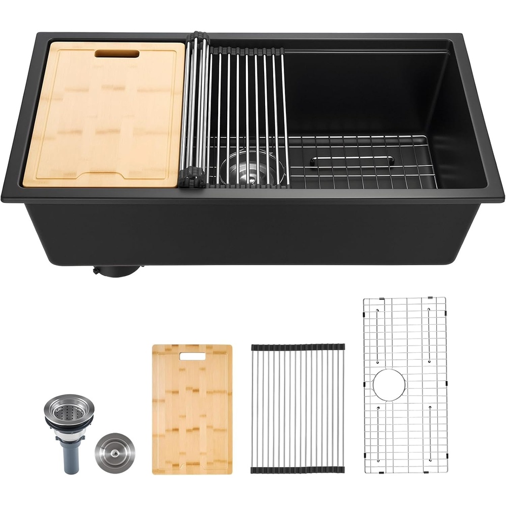 image:imageVEVOR 33 inch Kitchen Sink Workstation Top Mount Granite Sinks DropIn Single Bowl Farmhouse Basin with Multiple Accessories Household Dishwasher Sinks 18D x 30W x 9H19D x 33W x 10H