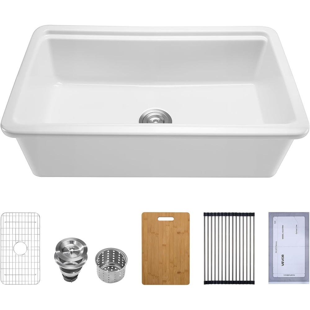 image:imageVEVOR 33x19 inch Farmhouse Sink White Sink Workstation Fireclay Topmount Undermount Basin DropIn Single Bowl Basin with Multiple Accessories Large Capacity Household Dishwasher Sinks for Kitchen33W19D10H Undermount Sink