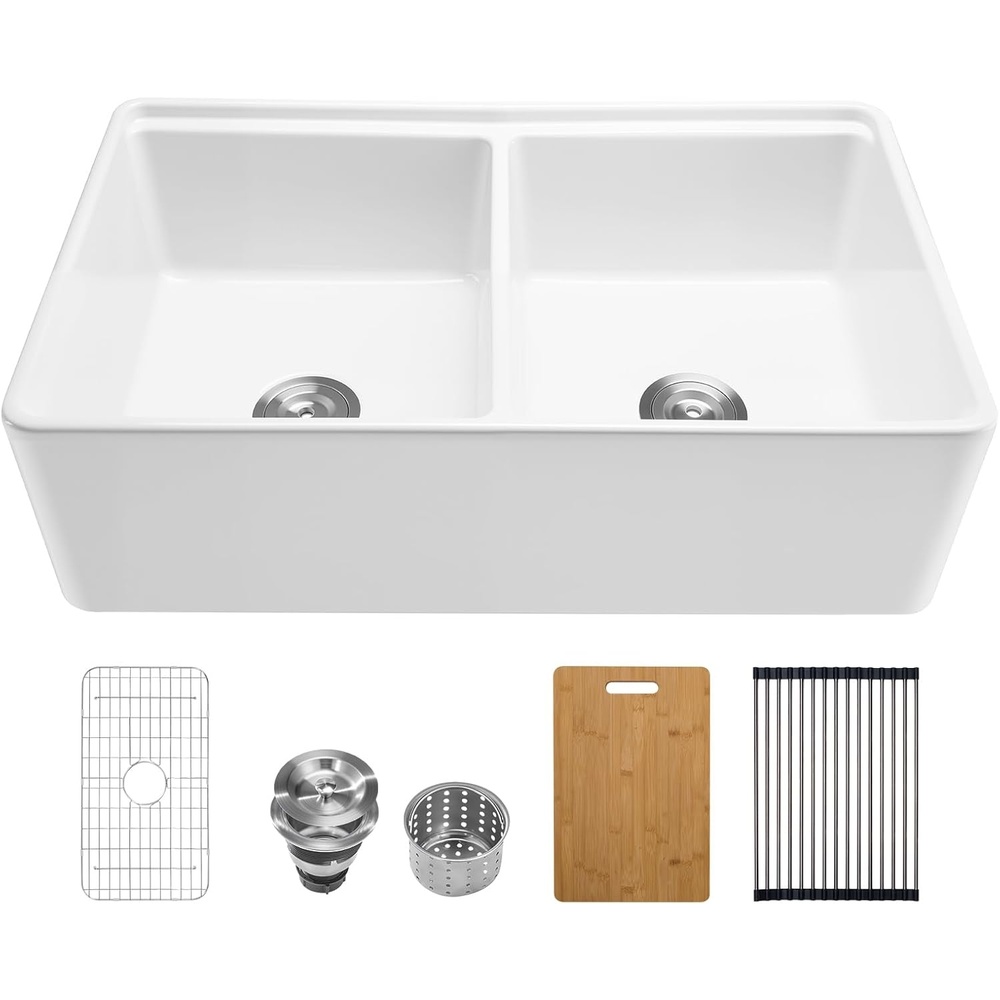 image:imageVEVOR 33x19 inch Farmhouse Sink White Sink Workstation Fireclay Topmount Undermount Basin DropIn Single Bowl Basin with Multiple Accessories Large Capacity Household Dishwasher Sinks for Kitchen33W20D10H Double Bowl Workstation Wink