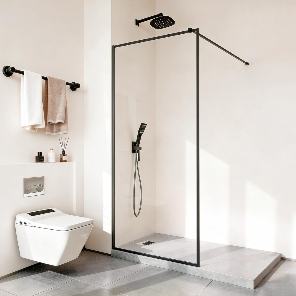 image:imageVEVOR 34 W x 74 H Fixed Glass Shower Panel 5168mm Thick Clear Tempered Glass Door with Bottom Seal Strip amp Supporting Bar Frameless Bathroom Shower Screen Matte Black34 W x 74 HFramed
