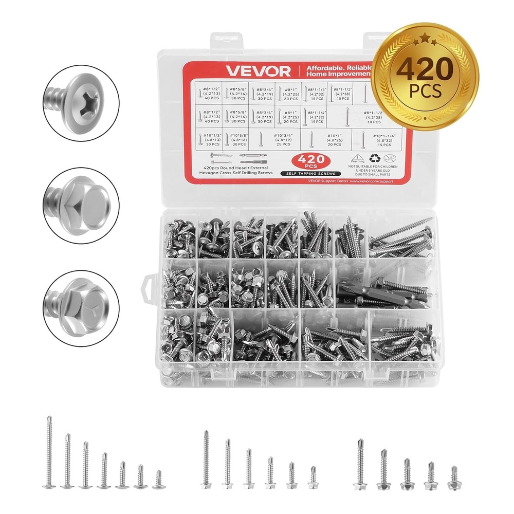 image:imageVEVOR 420 PCS Stainless Steel Self Drilling Screws Assortment Kit 8 amp 10 Sheet Metal Screws with Phillips Truss amp Hex Head 12 to 2 Inch Length for Metal Wood DIY