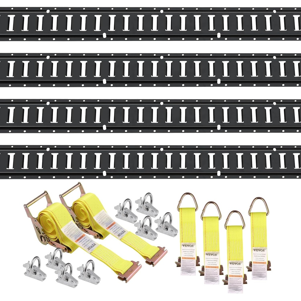 image:imageVEVOR 5ft E Track TieDown Rail Kit 18PCS 5 ETracks Set Includes 4 Steel Rails amp 8 ORing Anchors amp 4 TieOffs with DRing amp 2 Ratchet Straps Securing Accessories for Cargo Motorcycles 2000 lbs