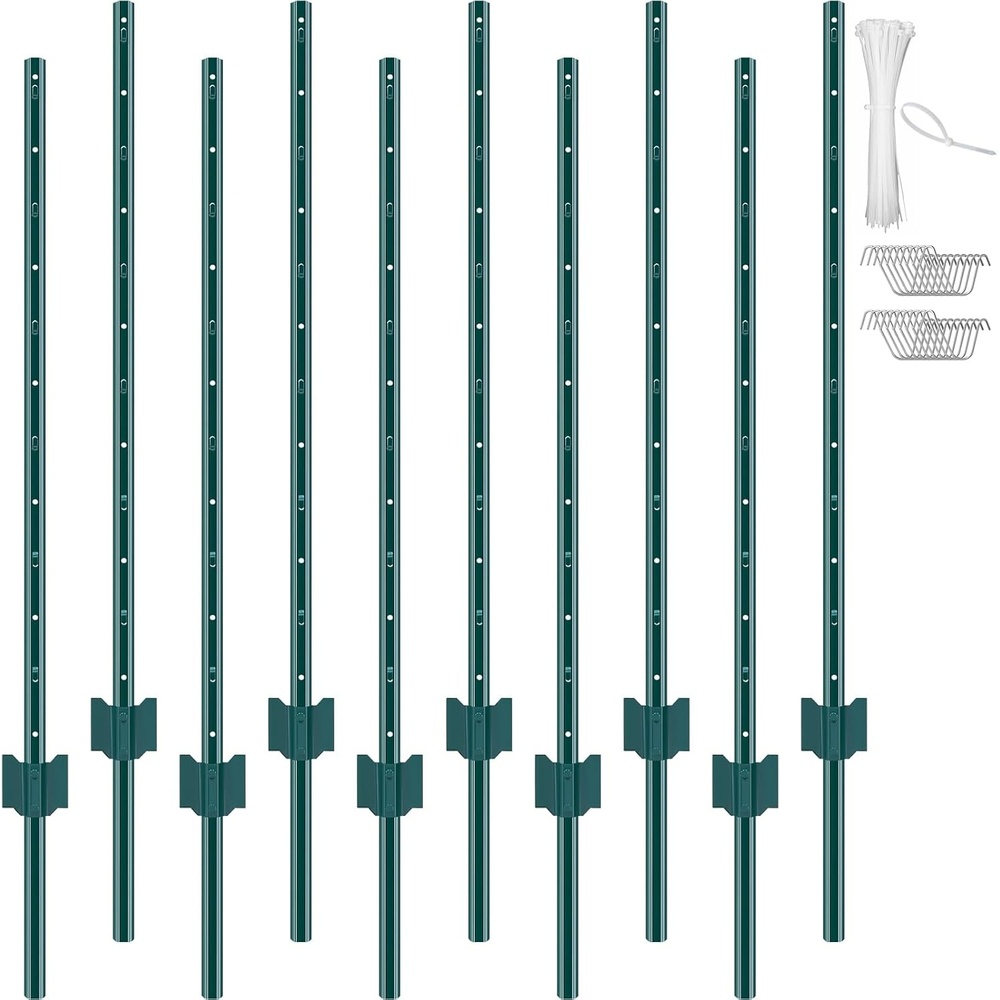 image:imageVEVOR 6 Feet UChannel Metal Fence Post 6 Pack With 24 Zip Ties amp 12 Clips Sturdy Steel Stakes for Garden Yard Lawn Farms and Outdoor Wire Fencing Green4 Feet 10 Pack