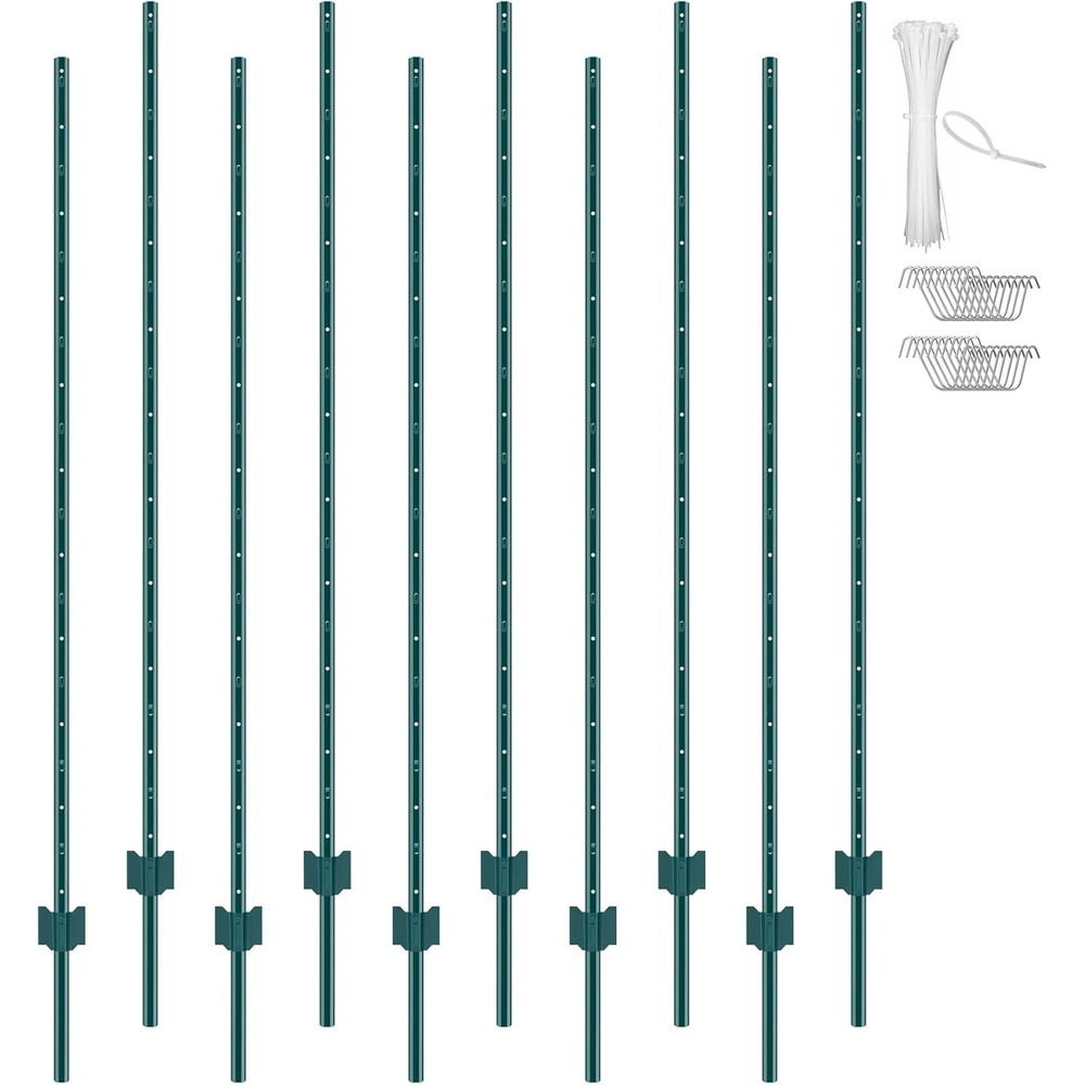 image:imageVEVOR 6 Feet UChannel Metal Fence Post 6 Pack With 24 Zip Ties amp 12 Clips Sturdy Steel Stakes for Garden Yard Lawn Farms and Outdoor Wire Fencing Green6 Feet 10 Pack