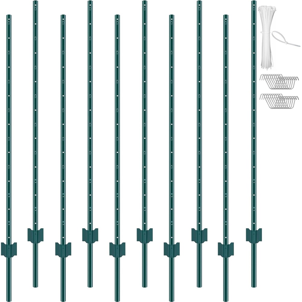image:imageVEVOR 6 Feet UChannel Metal Fence Post 6 Pack With 24 Zip Ties amp 12 Clips Sturdy Steel Stakes for Garden Yard Lawn Farms and Outdoor Wire Fencing Green5 Feet 10 Pack