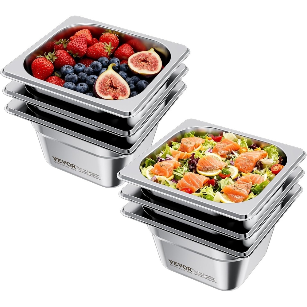 image:imageVEVOR 6 Pack Full Size Stainless Steel Hotel Pans 25 inch Deep Steam Table Pans 08mm Thick AntiJam Commercial Food Pans for Steam Tables RestaurantsCatering Food Storage Metal Pan4 Inch Deep