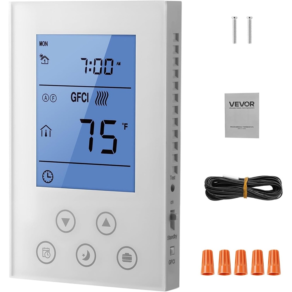 image:imageVEVOR 7Day Programmable Thermostat GrayWhite Without WiFi  for Radiant Underfloor Heating Cable amp Heat Pump GFCI amp Sensitive Sensor TFT Color Touch Display EnergyEfficientGM4