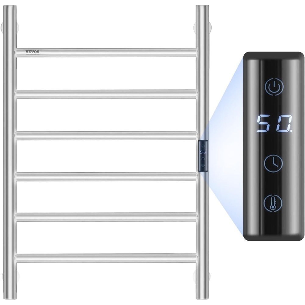 image:imageVEVOR 8 Bars Towel Warmer Rack Wall Mounted Heated Towel Rack for Bathroom IPX5 Waterpoof Towel Heater Rack with Timer amp LED Display Screen 5 Levels Adjustable Temperature Towel Heater BlackSilver