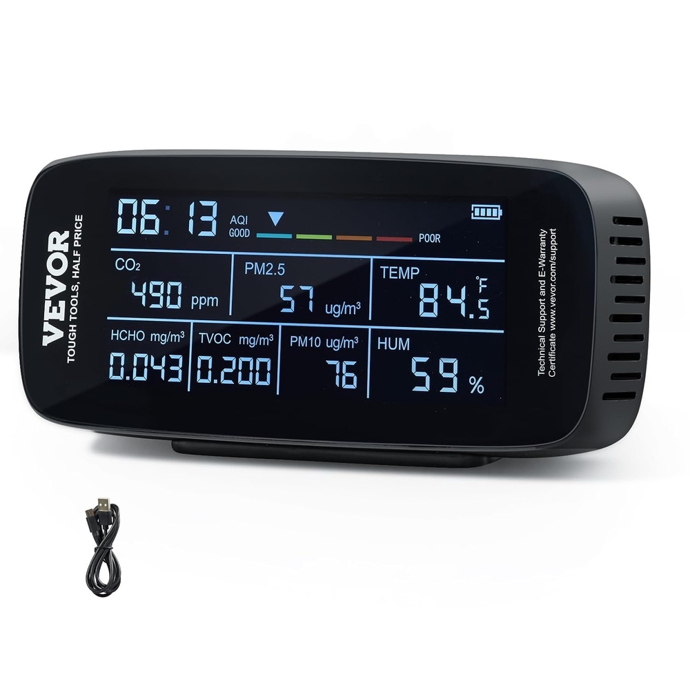 image:imageVEVOR Air Quality Monitor 9in1 CO2 Temperature Humidity Formaldehyde TVOC AQI Tester Professional PM25 PM10 PM10 Particle Counter for IndoorOutdoor Air Quality Meter wAlarm ThresholdsDM197 9in1