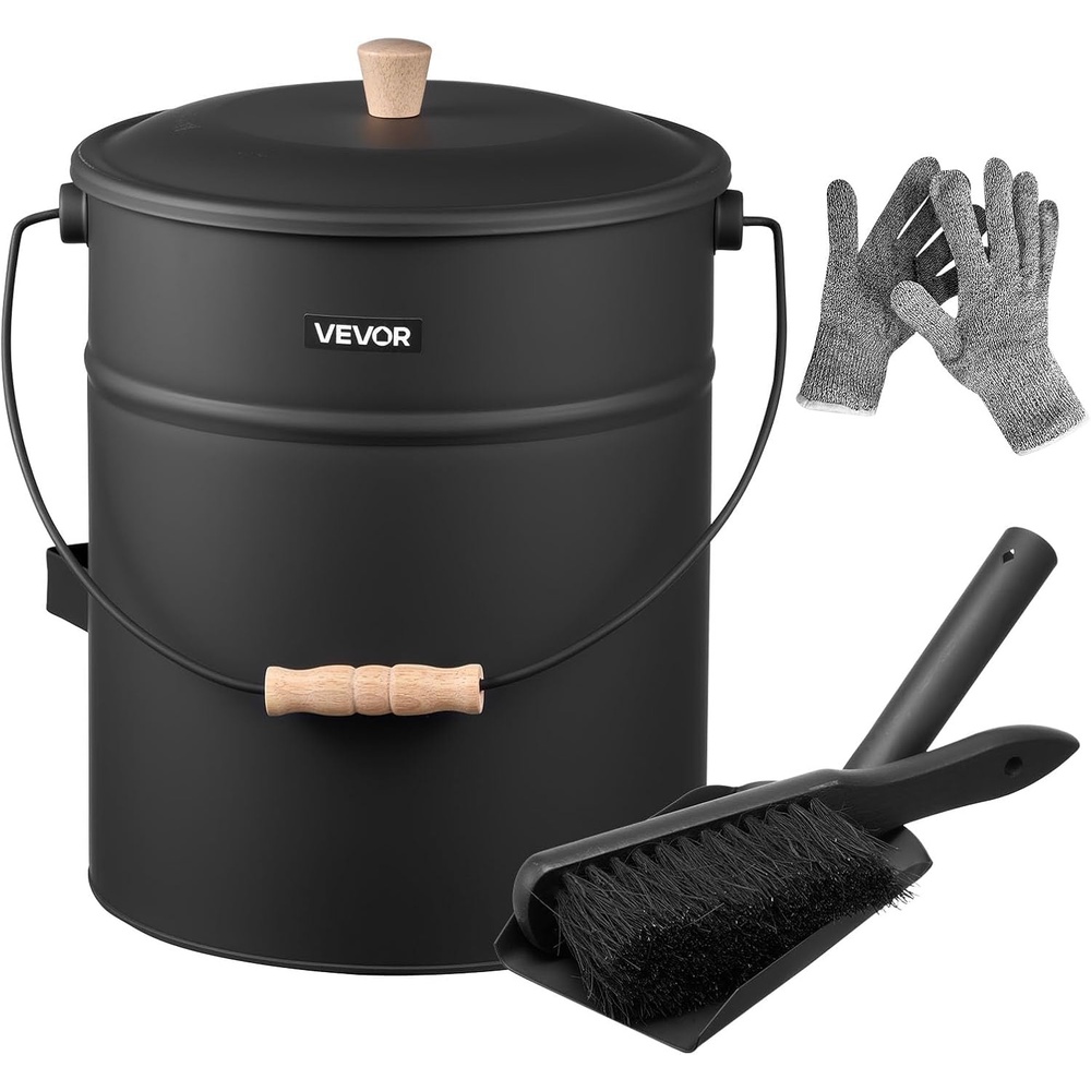 image:imageVEVOR Ash Bucket 4 PCS with Lid Shovel Broom and Gloves Metal Fireplace Charcoal Bucket and Ash Can 26 GAL Large Capacity for Fireplace Fire Pits Wood Burning Stoves Indoor and Outdoor4 Gal