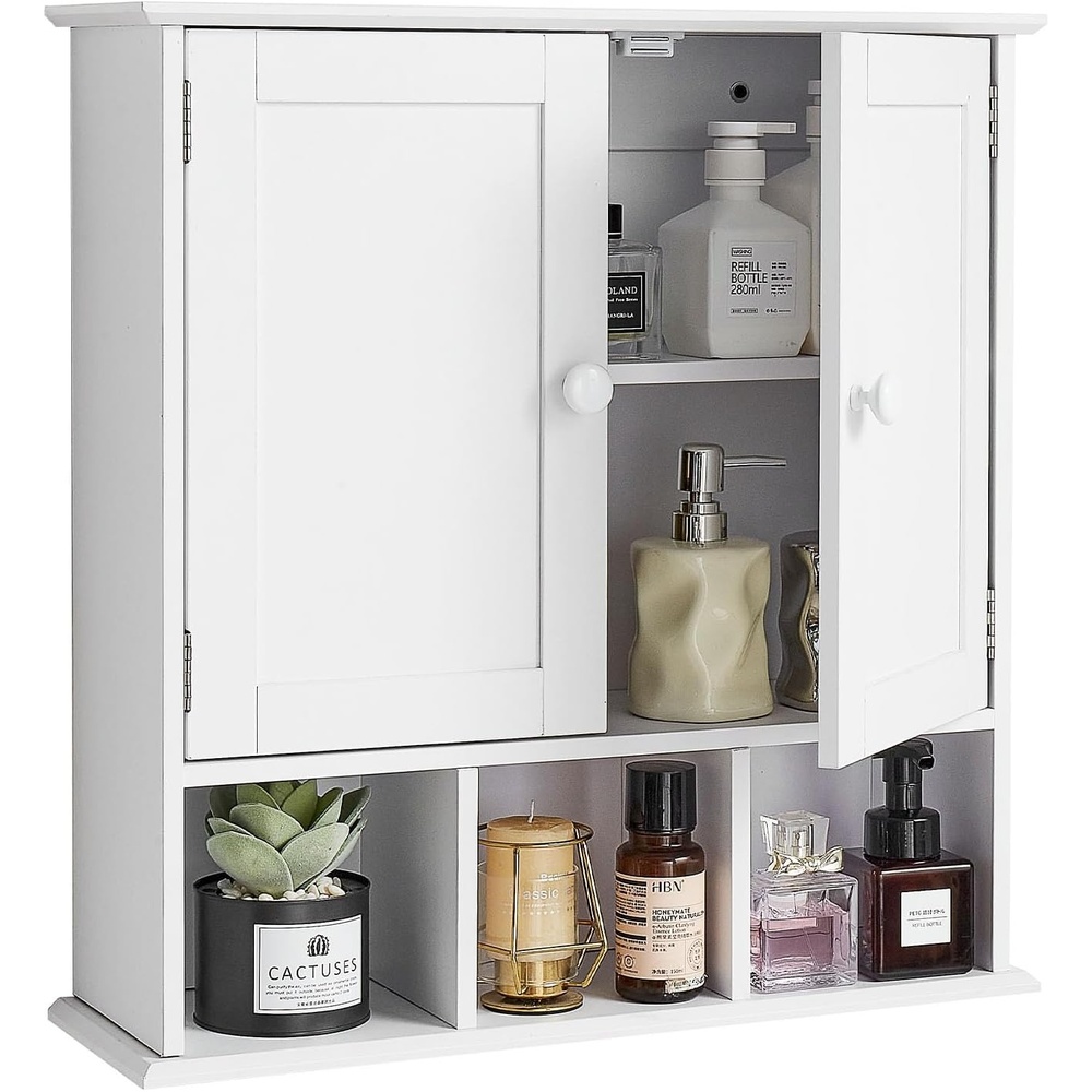 image:imageVEVOR Bathroom Wall Cabinet 2 Doors and Adjustable Shelf Over The Toilet Storage Medicine Cabinet Wall Mounted Hanging Organizer with Shelves and Open Partition for Laundry Room Kitchen RestroomWhite  22L  7W  23H  KLBR01