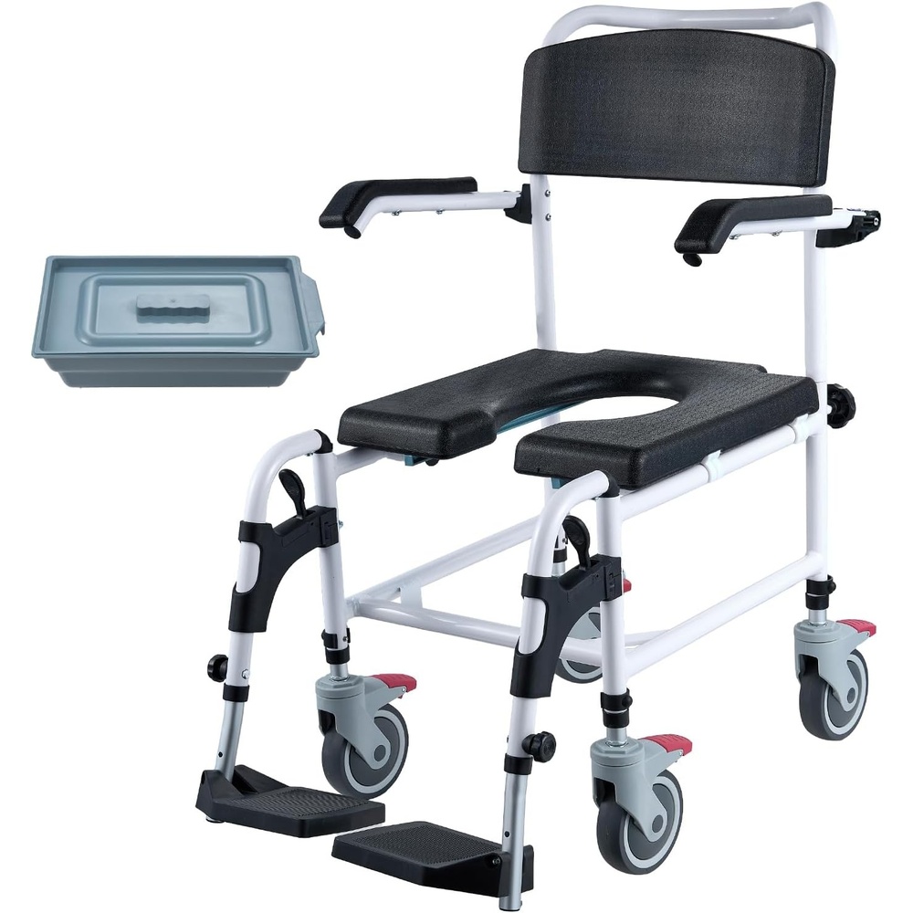 image:imageVEVOR Bedside Commode Chair 500 lbs Capacity 4in1 Portable Toilet and Raised Toilet Seat with Padded Seat amp Armrest Detachable 5L Bucket Adjustable Height amp Width Adult Potty Chair for SeniorsShower Commode Wheelchair  Adjustable Height