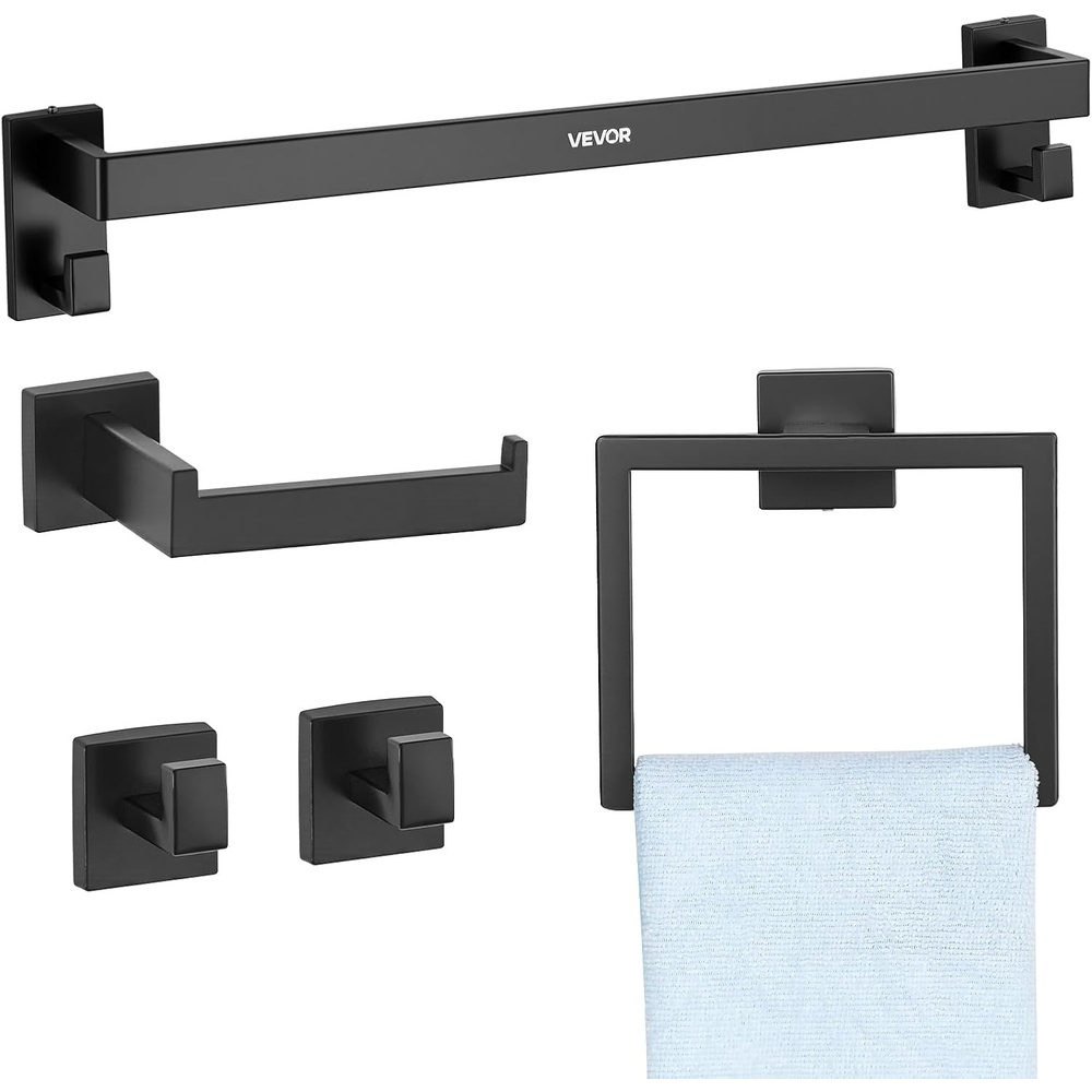 image:imageVEVOR Brushed Nickel Bathroom Hardware Set 5 Pieces Bathroom Accessories Set Stainless Steel 24 inch Towel Bar Towel Rack 2 Robe Towel Hooks Toilet Paper Holder for Bath Room Wall MountedBlack5 Pcs