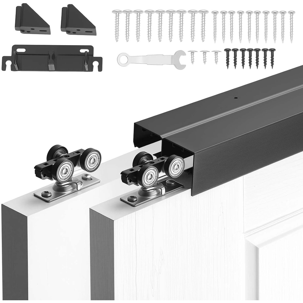 image:imageVEVOR Bypass Sliding Door Hardware Kit 5 ft Aluminum Alloy DualTrack Bypass Door Hardware Smooth and Quiet Sliding Easy to Install for 1 to 1 34 Thickness 30 Width 2 Door System for Closetblack5ftdouble door