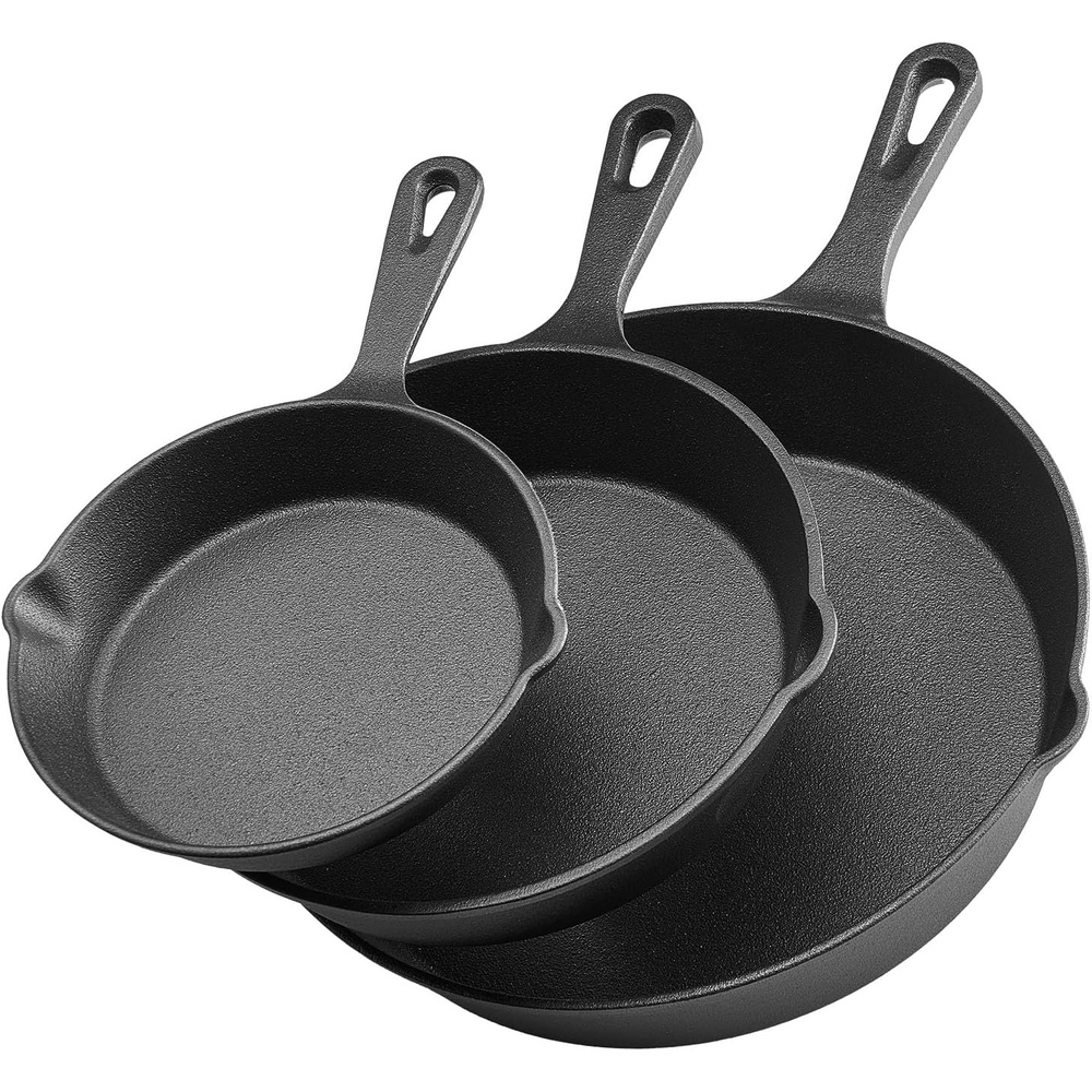 image:imageVEVOR Cast Iron Skillet 3Piece Frying Pan Set 8 10 12 in Nonstick Skillets with Detachable Wood Handle PreSeasoned Chefs Pan Kitchen Cookware for Gas Electrical and Induction BlackCast Iron