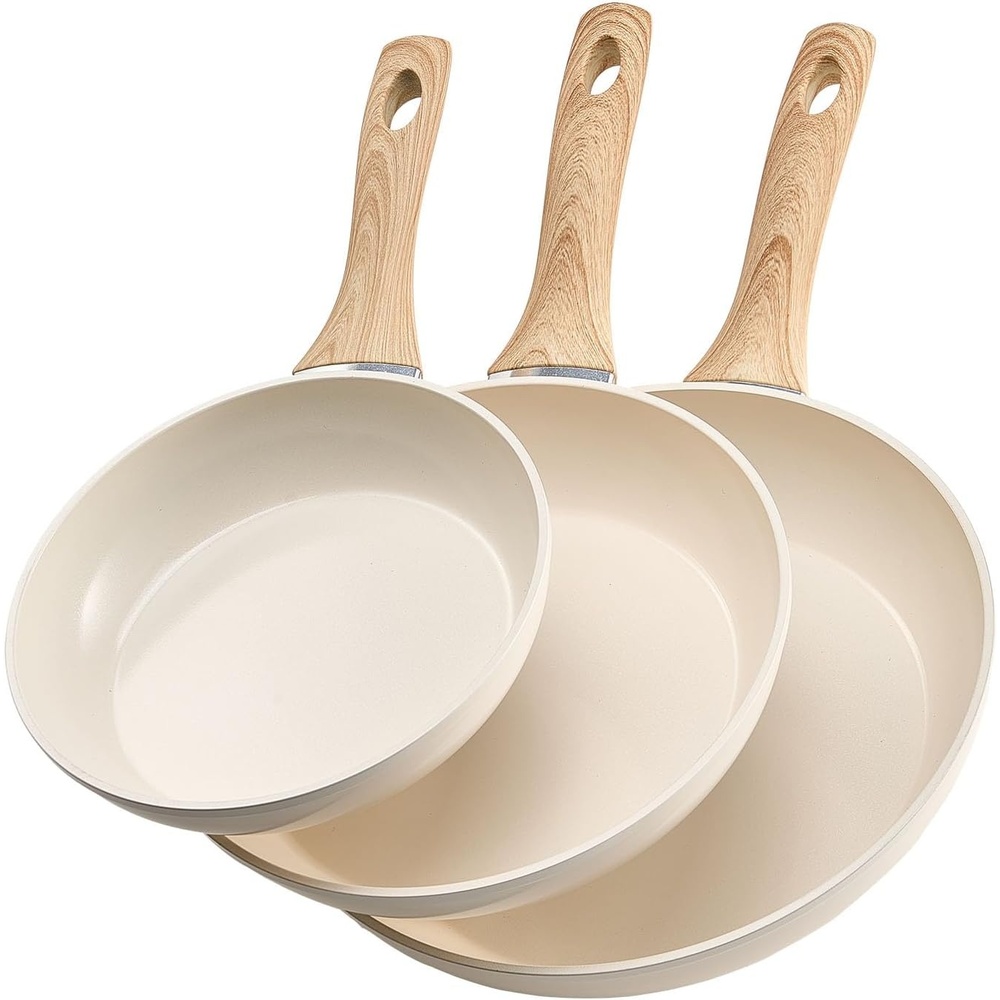 image:imageVEVOR Cast Iron Skillet 3Piece Frying Pan Set 8 10 12 in Nonstick Skillets with Detachable Wood Handle PreSeasoned Chefs Pan Kitchen Cookware for Gas Electrical and Induction BlackAluminum
