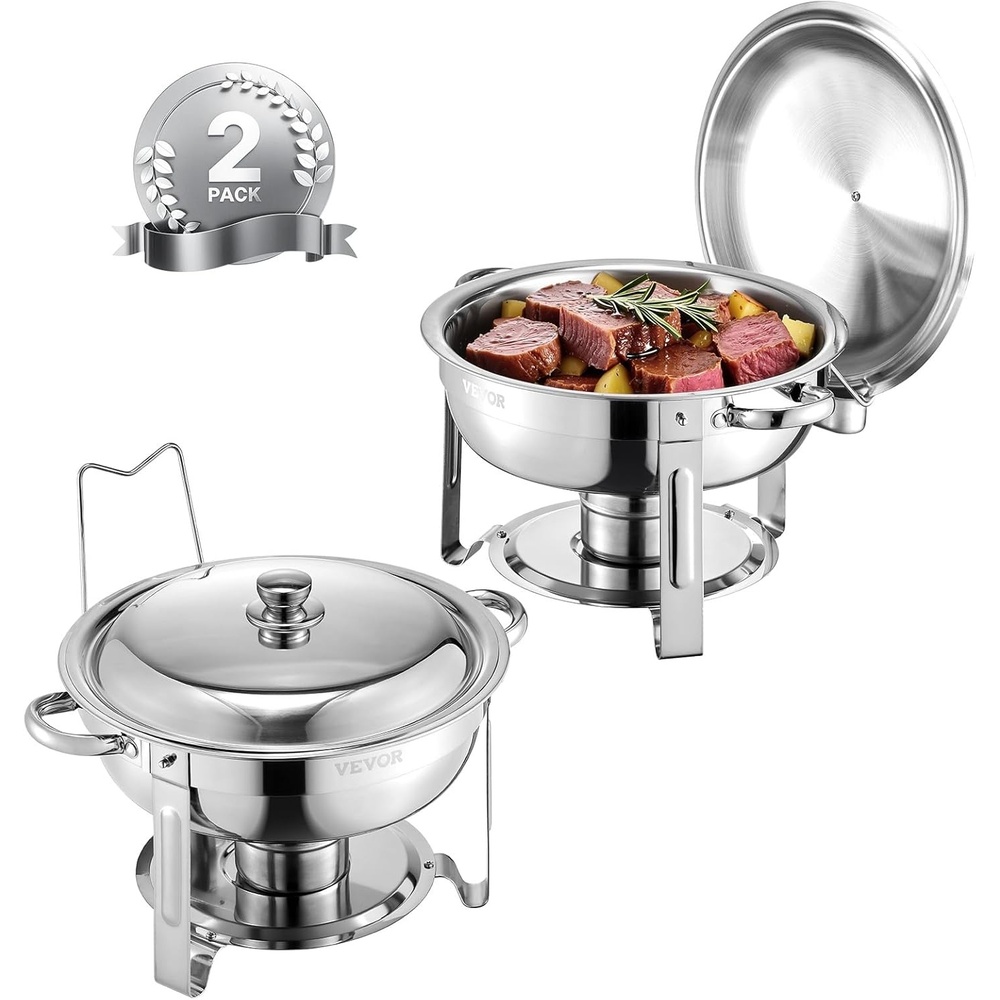 image:imageVEVOR Chafing Dish Buffet Set 5 Qt 4 Pack Stainless Steel Chafer with 4 Full Size Pans Round Catering Warmer Server with Lid Water Pan Folding Stand Clip for Weddings Parties Banquets SilverSilver