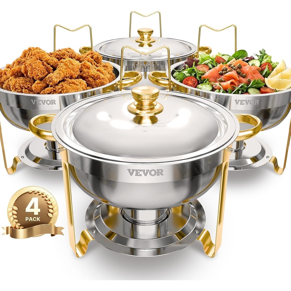 image:imageVEVOR Chafing Dish Buffet Set 5 Qt 4 Pack Stainless Steel Chafer with 4 Full Size Pans Round Catering Warmer Server with Lid Water Pan Folding Stand Clip for Weddings Parties Banquets SilverGold