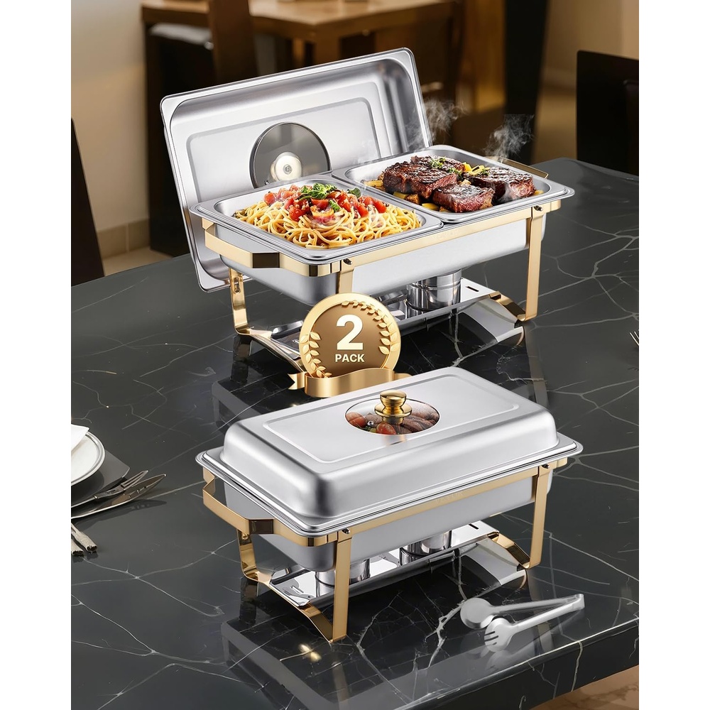 image:imageVEVOR Chafing Dish Buffet Set 8 Qt 2 Pack Stainless Steel Chafer with 2 Full Size Pans Rectangle Catering Warmer Server with Glass Lid Water Pan Folding Stand Fuel Holder for Wedding Party BanquetGold
