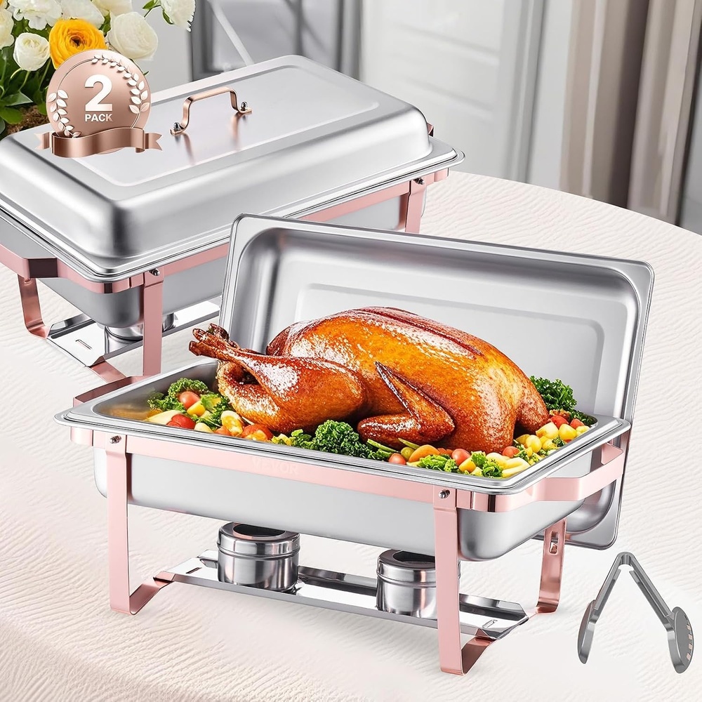 image:imageVEVOR Chafing Dish Buffet Set 8 Qt 2 Pack Stainless Steel Chafer with 2 Full Size Pans Rectangle Catering Warmer Server with Glass Lid Water Pan Folding Stand Fuel Holder for Wedding Party BanquetRose Gold