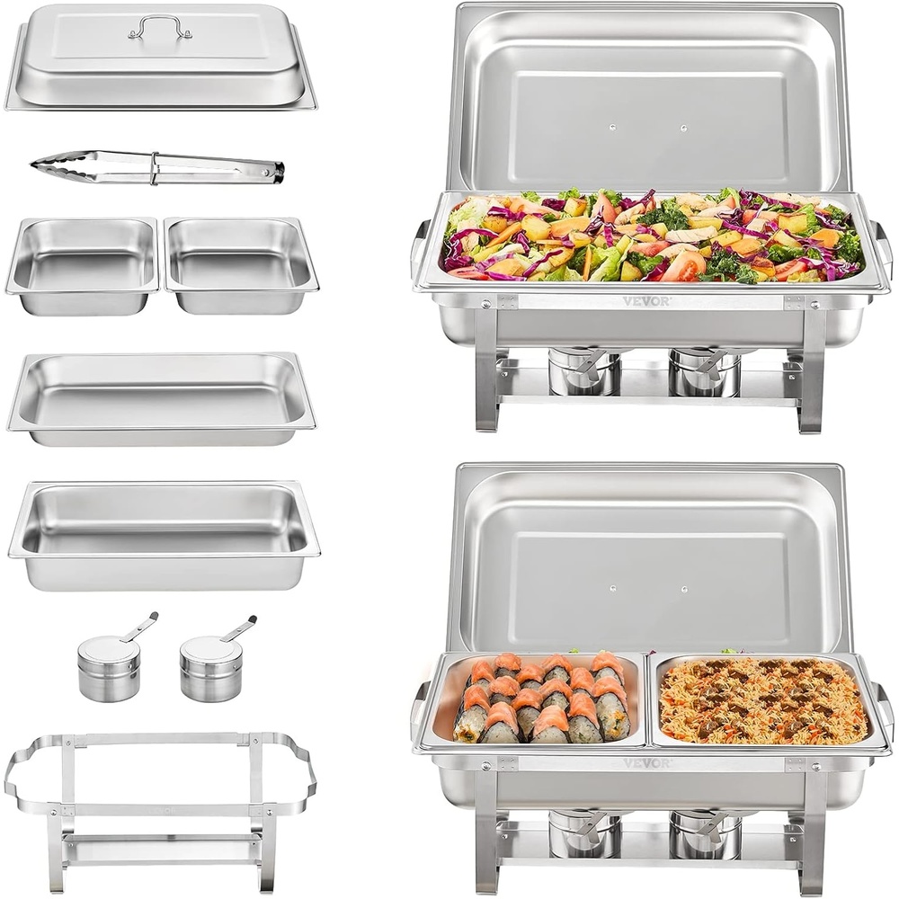 image:imageVEVOR Chafing Dish Buffet Set 8 Qt 2 Pack Stainless Steel Chafer with 2 Full Size Pans Rectangle Catering Warmer Server with Glass Lid Water Pan Folding Stand Fuel Holder for Wedding Party BanquetSilver