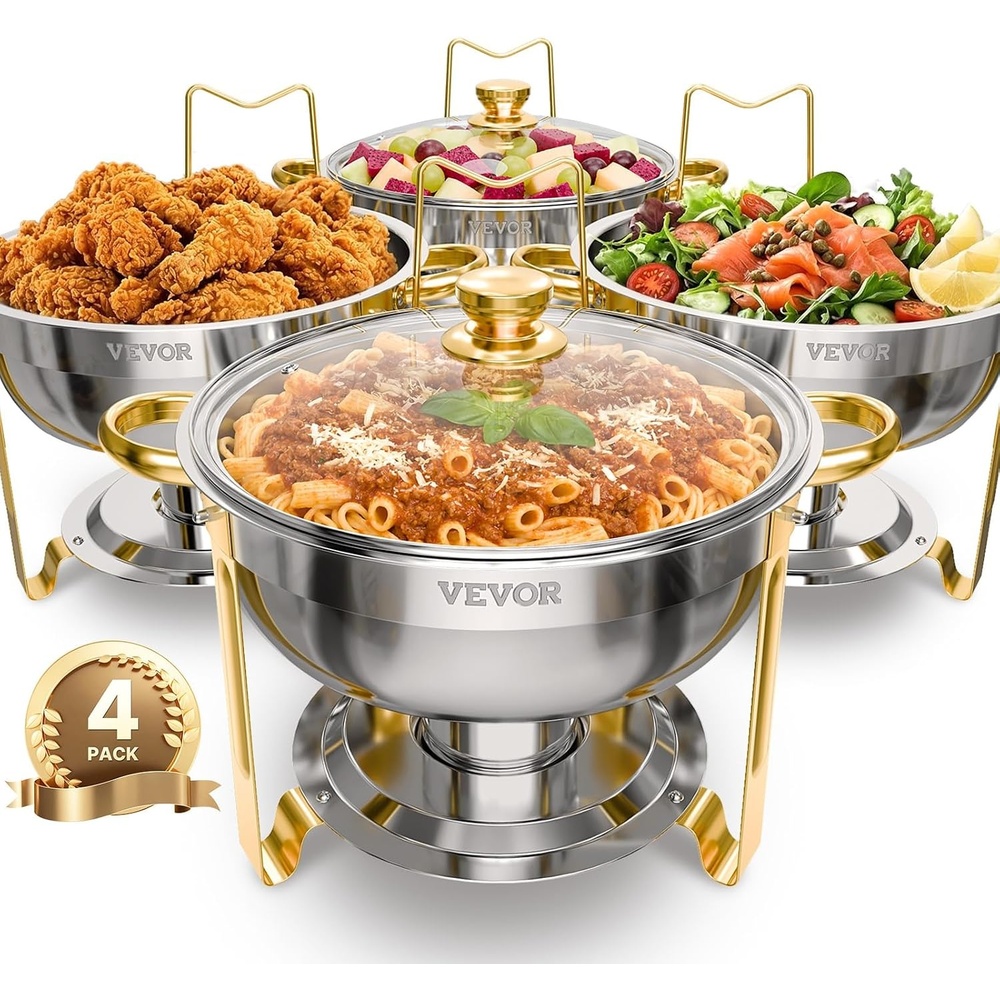 image:imageVEVOR Chafing Dish Buffet Set5 Qt 2 PackStainless Steel Chafer with 2 Full Size PanRound Catering Warmer Server with Glass Lid Water Pan Folding Stand Fuel Holder for Wedding Party Banquet SilverGold