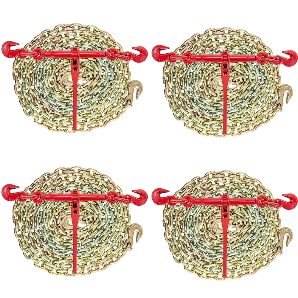 image:imageVEVOR Chain and Binder Kit 3812 Ratchet Load Binders 9200 lbs Working Load Limit 38 x 10 G80 Chains with Grab Hooks Ratchet Binders and Chains for Truck Tie Down Hauling Towing 2 Set4P 10ft