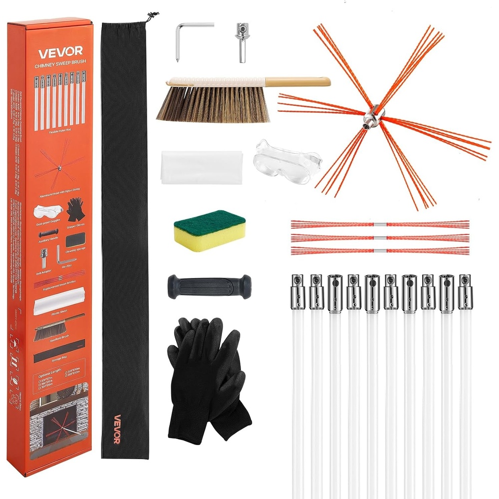 image:imageVEVOR Chimney Sweep Kit 39 ft Maximum Extendable Length Chimney Sweep Chimneys Cleaning Kit with Bristle Replacements amp Goggles 90 Bendable Fireplace Cleaning Tool for Square Rectangle Chimneys33 Ft1
