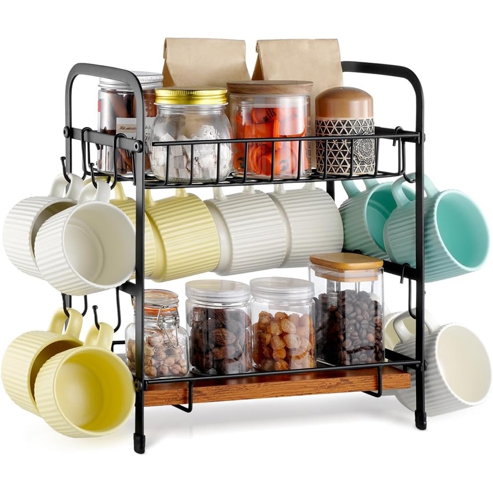 image:imageVEVOR Coffee Mug Holder for Countertop 16 Hooks Coffee Cup Holder with Storage Base 2 Tier Mugs Tree Rack Carbon Steel amp Wood Mug Display Stand for Coffee Bar Home Storage and Display12 HooksCountertop