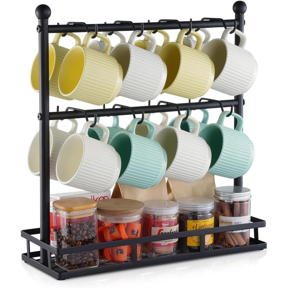 image:imageVEVOR Coffee Mug Holder for Countertop 16 Hooks Coffee Cup Holder with Storage Base 2 Tier Mugs Tree Rack Carbon Steel amp Wood Mug Display Stand for Coffee Bar Home Storage and Display16 HooksSteel Mug