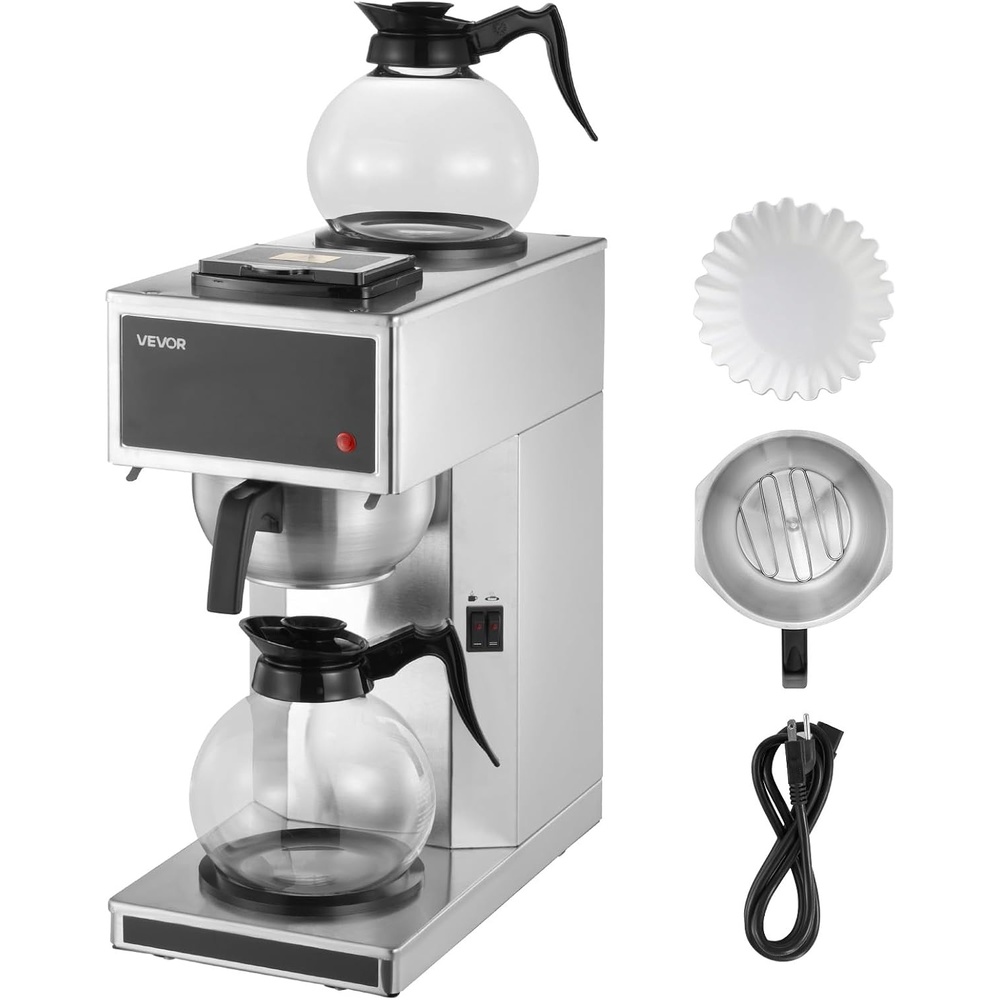image:imageVEVOR Commercial Drip Coffee Maker 12 Cups CoffeeMaker Machine with 4 Glass Carafes and 4 Decanter Warmer Plates Stainless Steel Drip Style Coffee Brewer for Restaurant Office Coffee Shop amp Home2 Warmer Plates