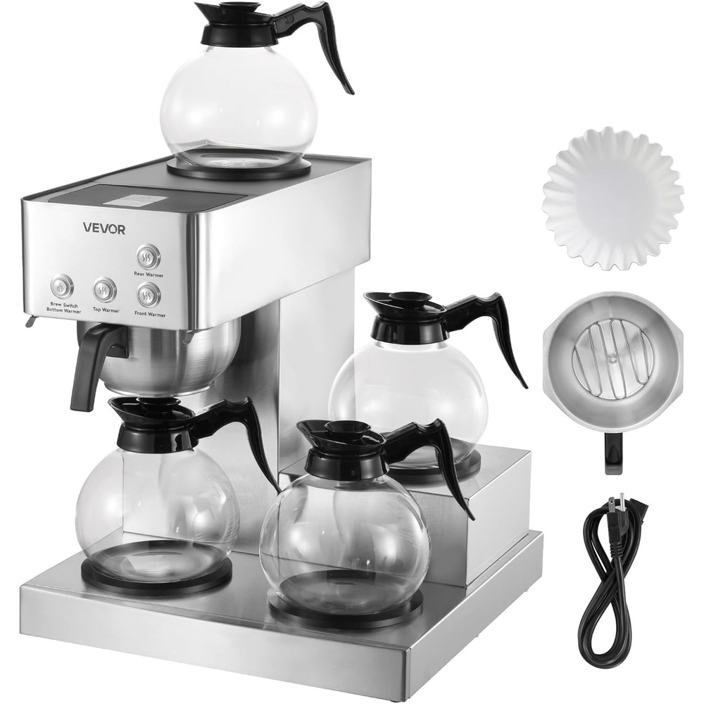 image:imageVEVOR Commercial Drip Coffee Maker 12 Cups CoffeeMaker Machine with 4 Glass Carafes and 4 Decanter Warmer Plates Stainless Steel Drip Style Coffee Brewer for Restaurant Office Coffee Shop amp Home4 Warmer Plates