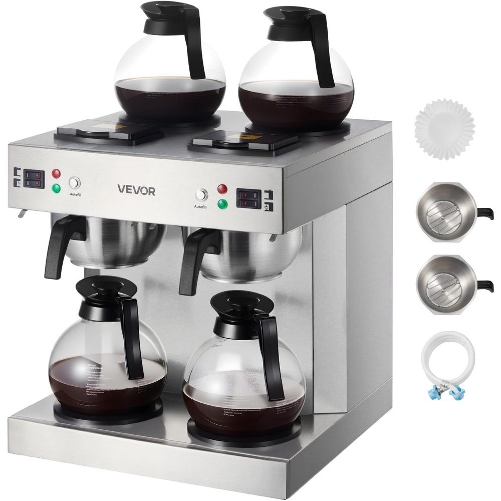 image:imageVEVOR Commercial Drip Coffee Maker 12 Cups CoffeeMaker Machine with 4 Glass Carafes and 4 Decanter Warmer Plates Stainless Steel Drip Style Coffee Brewer for Restaurant Office Coffee Shop amp Home4Warmer Plates