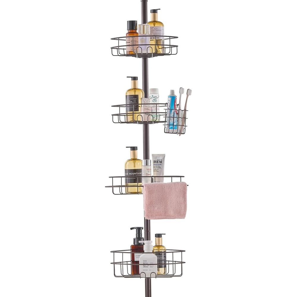 image:imageVEVOR Corner Shower Caddy Tension Pole 4 Tier Adjustable Rustproof Organizer Shelves for Bathroom amp Washroom 42114inch High BlackBronze