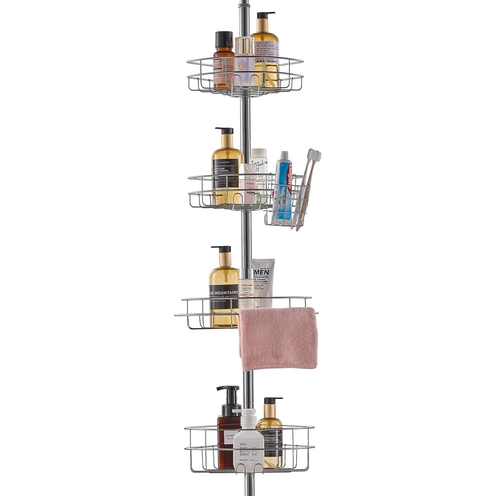 image:imageVEVOR Corner Shower Caddy Tension Pole 4 Tier Adjustable Rustproof Organizer Shelves for Bathroom amp Washroom 42114inch High BlackSilver