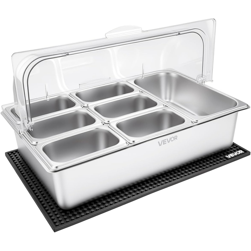 image:imageVEVOR Countertop Food Serving Display Container 6 Pan Stainless Steel Food Serving Tray Buffet Condiment Dispenser Display Rack with Clear Lid amp 3 Freezer Boxes for Restaurant Hotel Kitchen Party38L11L6