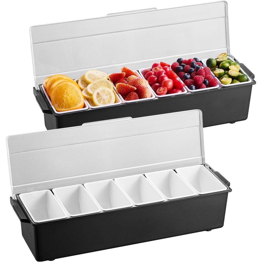 image:imageVEVOR Countertop Food Serving Display Container 6 Pan Stainless Steel Food Serving Tray Buffet Condiment Dispenser Display Rack with Clear Lid amp 3 Freezer Boxes for Restaurant Hotel Kitchen Party05L12