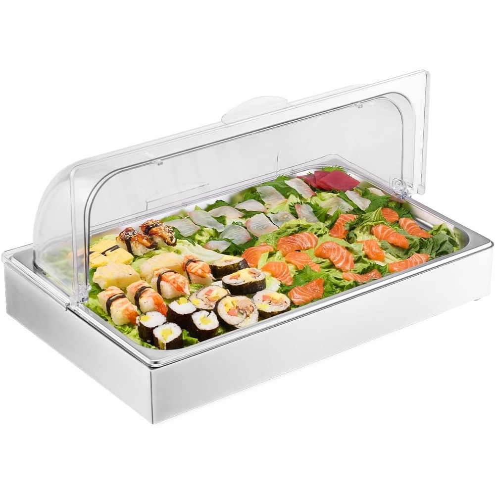 image:imageVEVOR Countertop Food Serving Display Container 6 Pan Stainless Steel Food Serving Tray Buffet Condiment Dispenser Display Rack with Clear Lid amp 3 Freezer Boxes for Restaurant Hotel Kitchen Party20 L