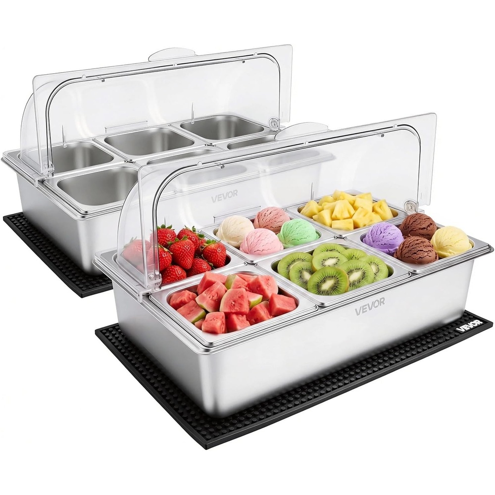 image:imageVEVOR Countertop Food Serving Display Container 6 Pan Stainless Steel Food Serving Tray Buffet Condiment Dispenser Display Rack with Clear Lid amp 3 Freezer Boxes for Restaurant Hotel Kitchen Party16L12