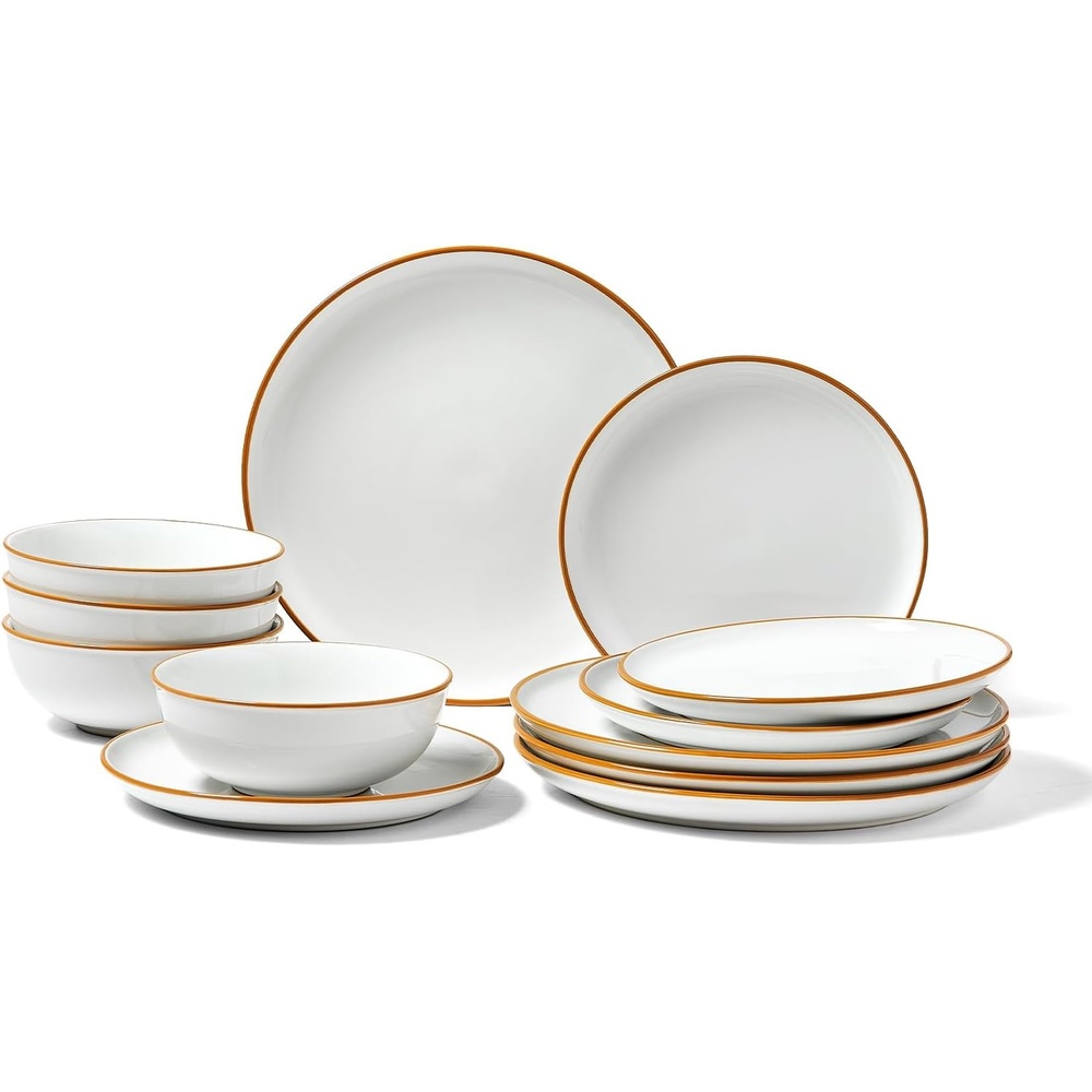 image:imageVEVOR Dinnerware Set Service for 8 32 PCS Round Plates and Bowls Sets Scratch Resistant Ceramic Dinner Ware Dishwasher and Microwave Suitable Kitchen Dish for Dessert Salad Soup Pasta White12 Pcs fot 4