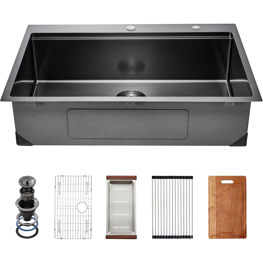 image:imageVEVOR Drop In Kitchen Sink 33 Inch Kitchen Sink Workstation 304 Stainless Steel Top Mount Sinks DropIn Single Bowl with Ledge amp Multiple Accessories Sink for RV Prep Kitchen Bar 33 x 22 x 9inchBlack