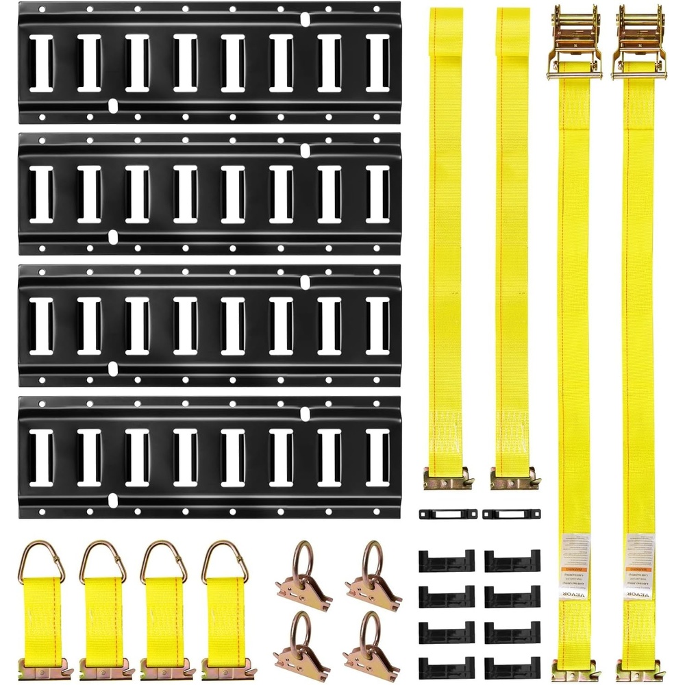 image:imageVEVOR ETrack TieDown Rail Kit 4 Pack 16 Etracks Rails with 21Pcs Accessories 2 Ratchet Straps amp 4 ORings amp 4 TieOffs with DRing amp 2 Single Slots amp 8 End Caps amp 1 Bag for Garages Trailers21 PACK