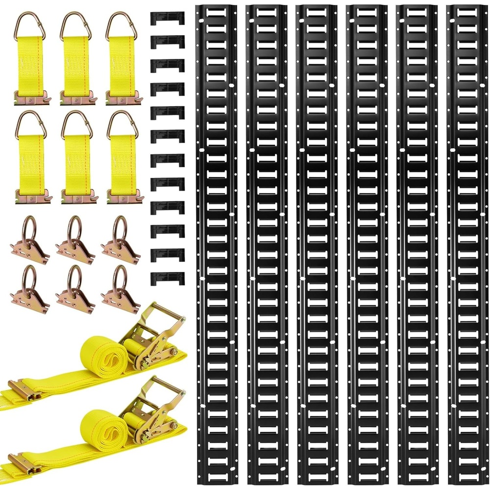 image:imageVEVOR ETrack TieDown Rail Kit 6 Pack 5 ft E Track Rails 26 Pcs Includes 2 Ratchet Straps amp 6 ORings amp 6 TieOffs with DRing amp 12 End Caps Fit for Garages Vans Trailers Motorcycles5 FT 26Pcs