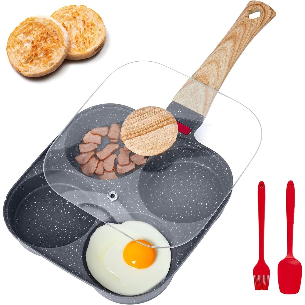 image:imageVEVOR Egg Pan 4Cup Nonstick Egg Frying Pan Aluminum Breakfast Omelette Skillet for Pancakes Hamburgers Sandwiches with Lid Oil Brush Scraper Compatible with Gas Stove amp Induction Cookware