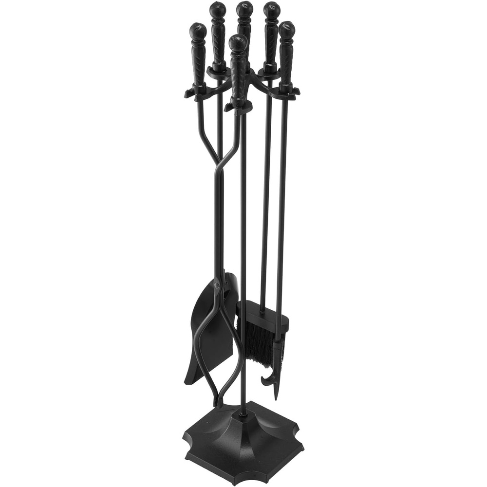 image:imageVEVOR Fireplace Tool Set 5 PCS Fire Tool Set and Holder with FiveProng Stand Tongs Ash Shovel Brush Fire Place Poker Wrought Iron Fireplace Accessories for IndoorOutdoor Black amp Brass5PCS  FiveProng Stand  Black