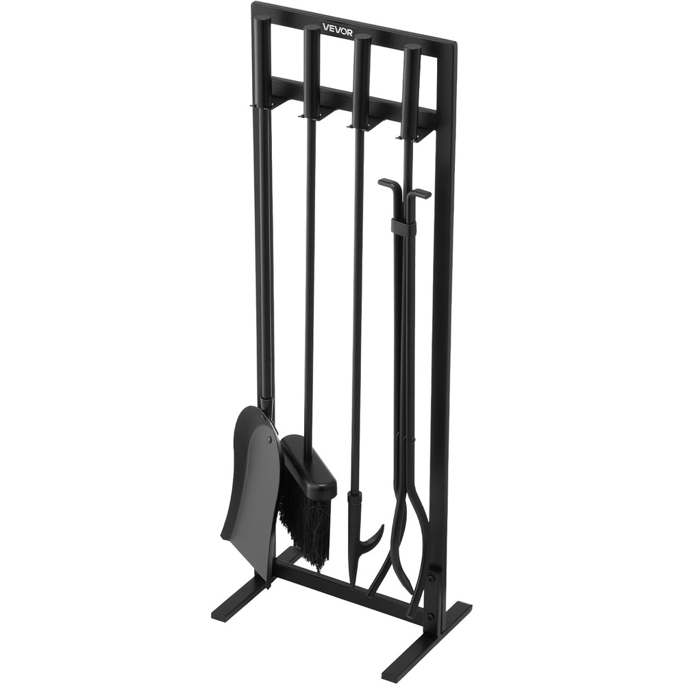image:imageVEVOR Fireplace Tool Set 5 PCS Fire Tool Set and Holder with FiveProng Stand Tongs Ash Shovel Brush Fire Place Poker Wrought Iron Fireplace Accessories for IndoorOutdoor Black amp Brass5PCS  SquareFrame Stand