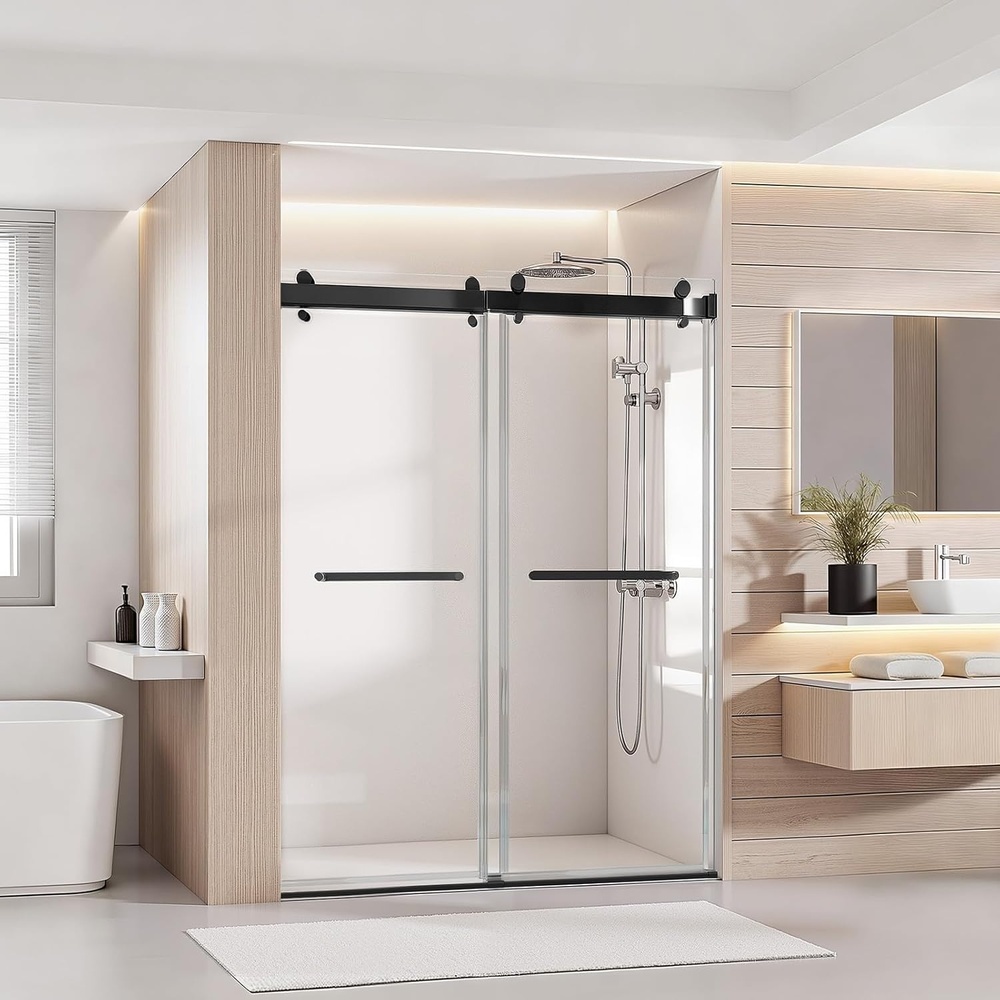 image:imageVEVOR Frameless Shower Door 5859 W x 75 H in Shower Sliding Glass Door with 516 in8mm Clear SGCC Tempered Glass Waterproof Shatterproof Nano Stainproof with Stainless Steel Hardware ChromeMatte Black