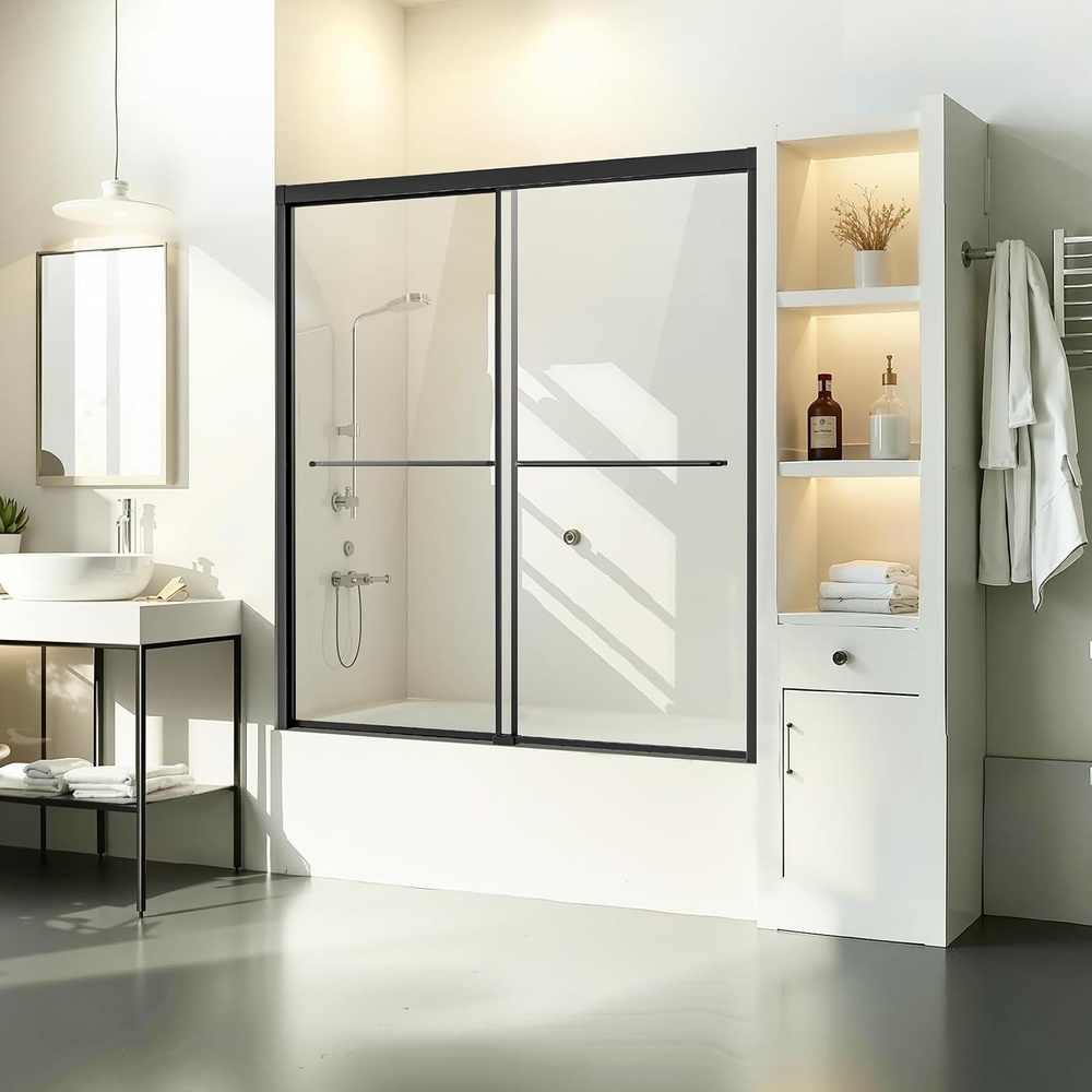 image:imageVEVOR Frameless Sliding Bathtub Door 5660 W x 60 H Frameless Shower Glass Door Frameless Double Sliding Tub Door with 516 in Clear Tempered Glass and Stainless Steel Handle Black Finish5660 W x 60 H SemiFrameless