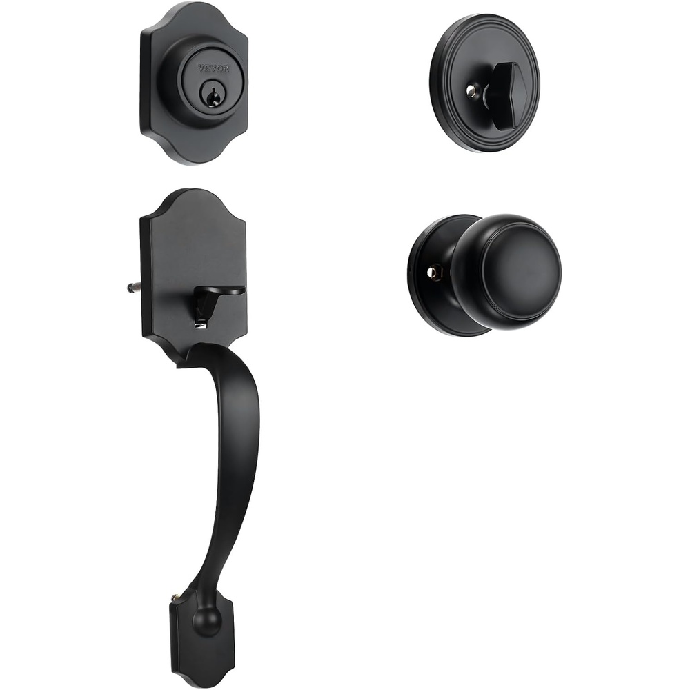 image:imageVEVOR Front Door Handle and Deadbolt Set Matte Black Front Door Lock Set with Interior Knob Adjustable Hole Spacing Single Cylinder Handleset for Right and Left Handed Entrance and Front DoorMatte BlackWith lock