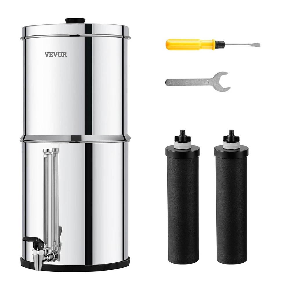 image:imageVEVOR Gravityfed Water Filter System 225G 304 StainlessSteel Countertop Filtration System Reduces Lead and up to 99 of Chlorine with 2 Activated Carbon Filter 2 Defluorination Filter SpigotVisible Water level